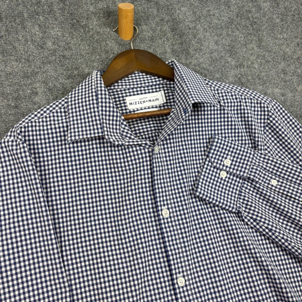 Mizzen+Main Leeward Dress Shirt Mens XL Trim Fit Navy Gingham L-10012 Stretch